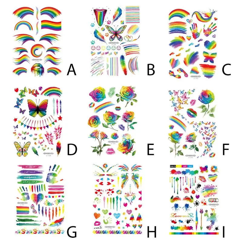 Одноразовые радужные татуировки для тела, наклейки для геев, парадов, праздников, водонепроницаемые, крутые, в полоску, любовь, цветочные, пляжные, вечерние, принадлежности