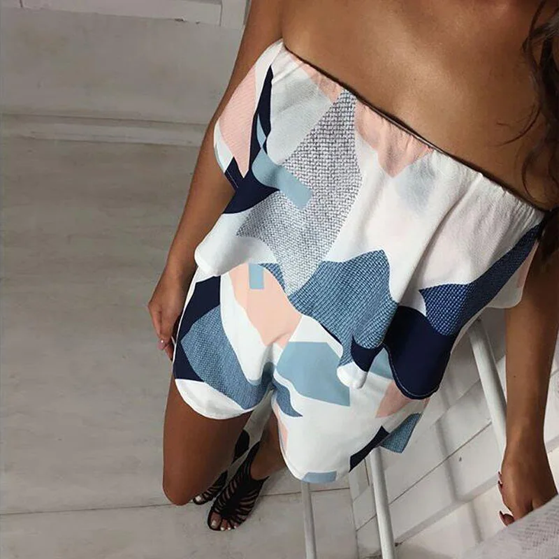 2019 الصيف بذلة المرأة مائل الرقبة مخطط كشكش الجسم فام طباعة Playsuit مثير وزرة للسيدات السروال القصير الشاطئ ارتداءها