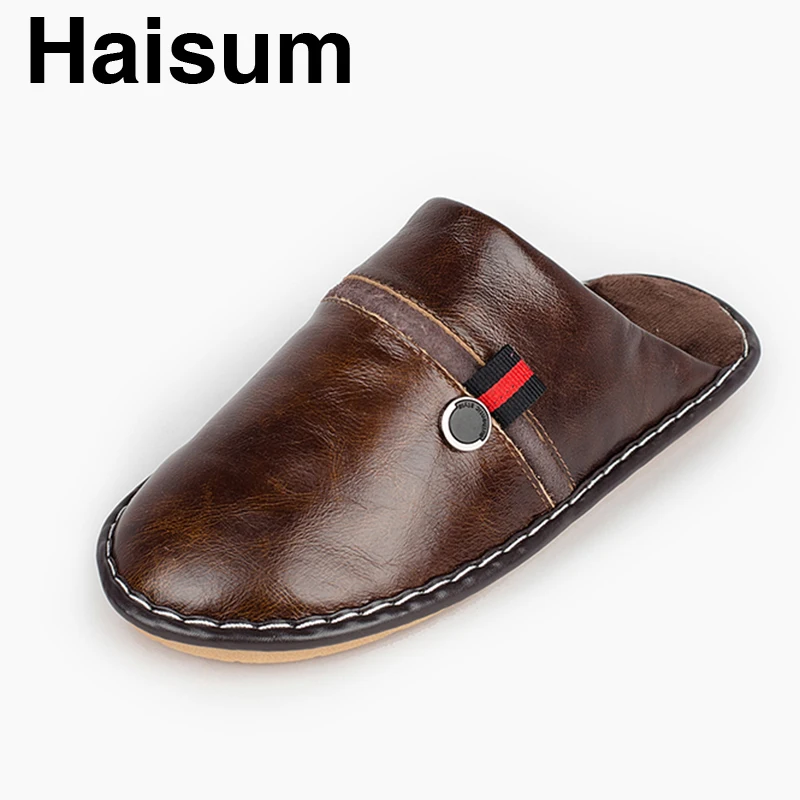 Men 's Slippers Winter genuine Leather Home Indoor Non - Slip Thermal Slippers 2018 New Hot Haisum Tb012 