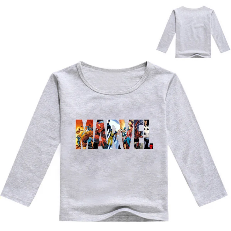 Новая весенняя футболка для маленьких мальчиков с принтом из комиксов Marvel детская одежда детские футболки с длинными рукавами хлопковые топы с рисунками для девочек - Цвет: Grey