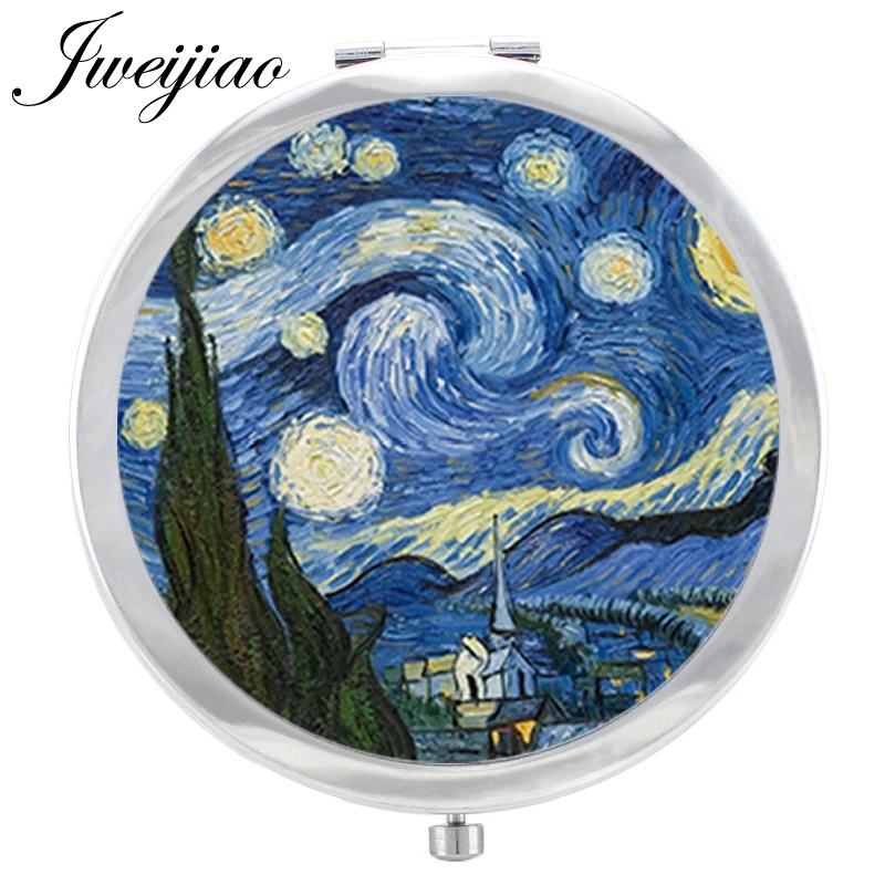 

JWEIJIAO Starry Night Van Gogh Paintings Glass Cabochon Makeup Mirror Floding Round compact Hand pocket Mirror espejo