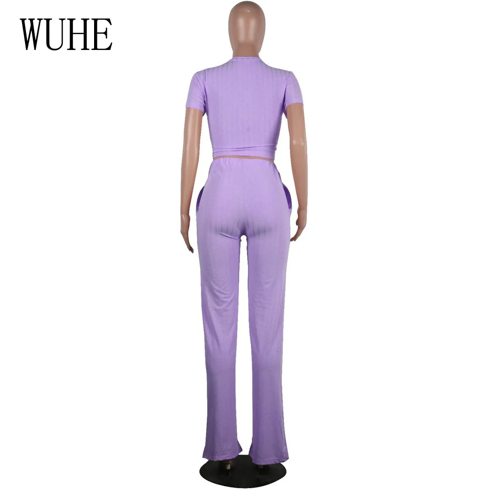 WUHE комплект из 2 предметов Комбинезоны Женский трикотажный спортивный костюм хорошо тянется ребристый передний галстук короткий рукав укороченный топ+ широкие брюки наряд