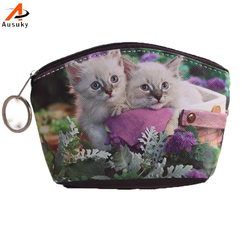 PU Leather Cat Coin Purse Printing Key Holder Mini Key Organizer