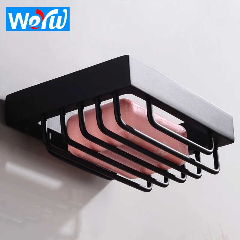 

Bathroom Soap Dish Drain Black Soap Holder Shower Wall Mounted Aluminum Bathroom Shelves Soap Box Storage Rack Shampoo Basket