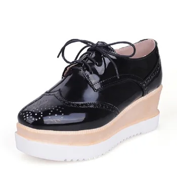 

Korean Fashion high-heeled Shoes For Women Lace Up Square Toe Platform Wedge Heel Leisure College Students Shoes Black Sliver