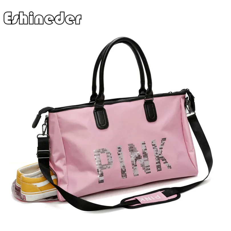 

ESHINEDER Pink Women Gym Fitness Bags Handbag Fashion Luggage Travel Duffel Shoulder Bag Men Large Capacity Folding Package