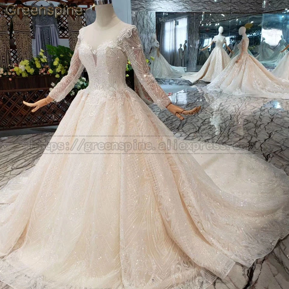 Greenspine блестящая Подвеска свадебное платье Vestido Noiva Кристалл с длинным рукавом свадебные платья See Through Свадебное платье со шлейфом