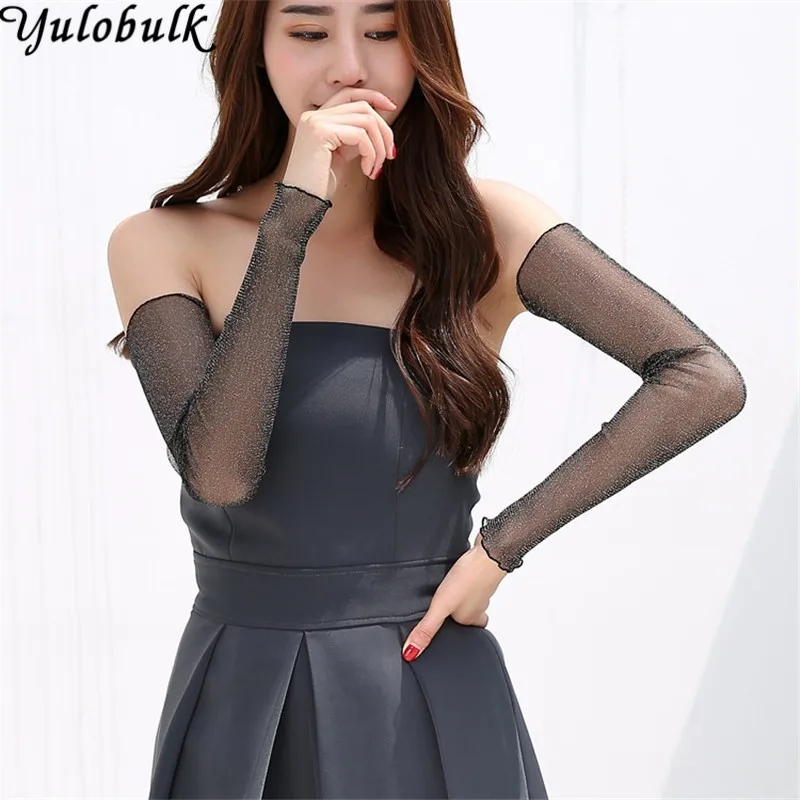 

Fashion Sun Protection UV Arm Sleeves Women Summer Driving Gloves Sexy Sheer Glitter Mesh Long Fingerless Gloves Scar Cover