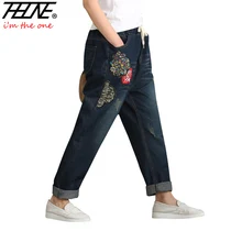 THHONE женские джинсы с вышивкой винтажные джинсовые штаны-шаровары с эластичной талией повседневные брюки свободные Vaquero Большие размеры джинсы женские