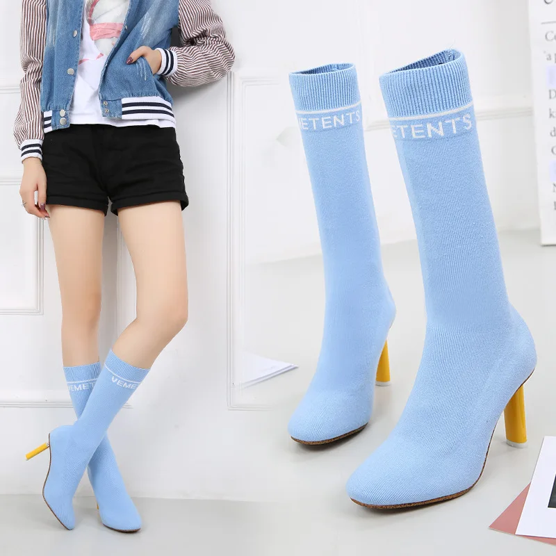 

Stars with The Lighter and Wool Boots, Knitted Thin Leg Boots, High Heels, Long Tube, Sky Blue Elastic Socks Boots.