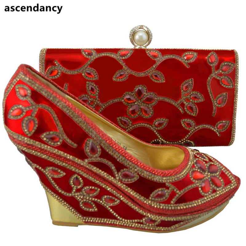 

Shoes and Bag Set African Sets 2018 Red Color Ladies Italian Shoes and Bag Set Decorated with Rhinestone African Wedding Shoes