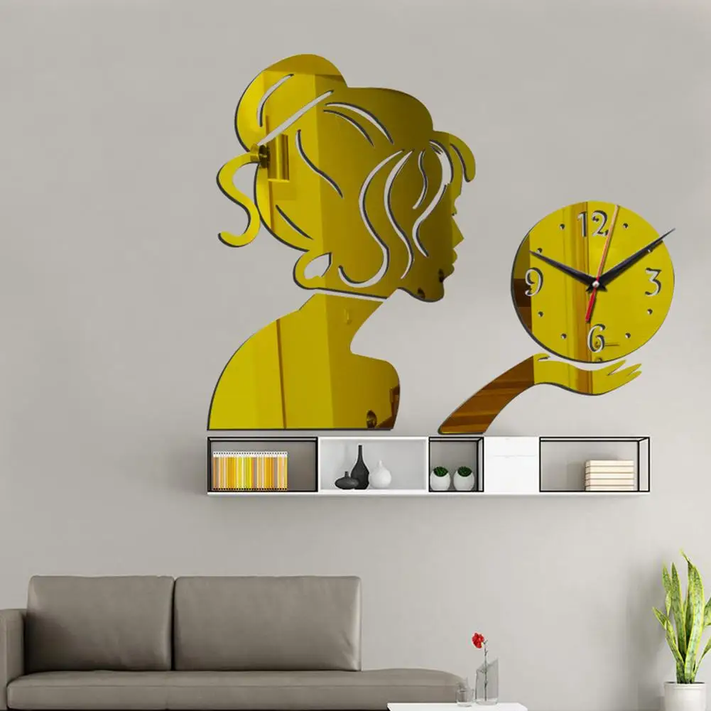 

Mirror Effect Lady Wall Clock Art DIY 3D Sticker Home Study Living Room Decor