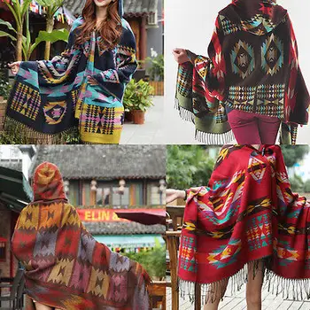 

Top New Women Cape Poncho Shawl Scarf Tribal Fringe Hooded Bohemian Coat Jacket