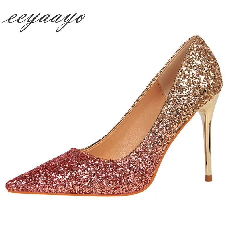 

Spring/Autumn Women Pumps High Thin Heel Pointed Toe Gradient Bling Bridal Wedding Women Shoes Pink Sexy Ladies High Metal Heels