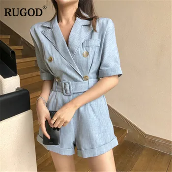 

RUGOD Denim women bodysuit short sleeves slim sashes wide leg summer fashion jumpsuit casual streetwear modis female jeans