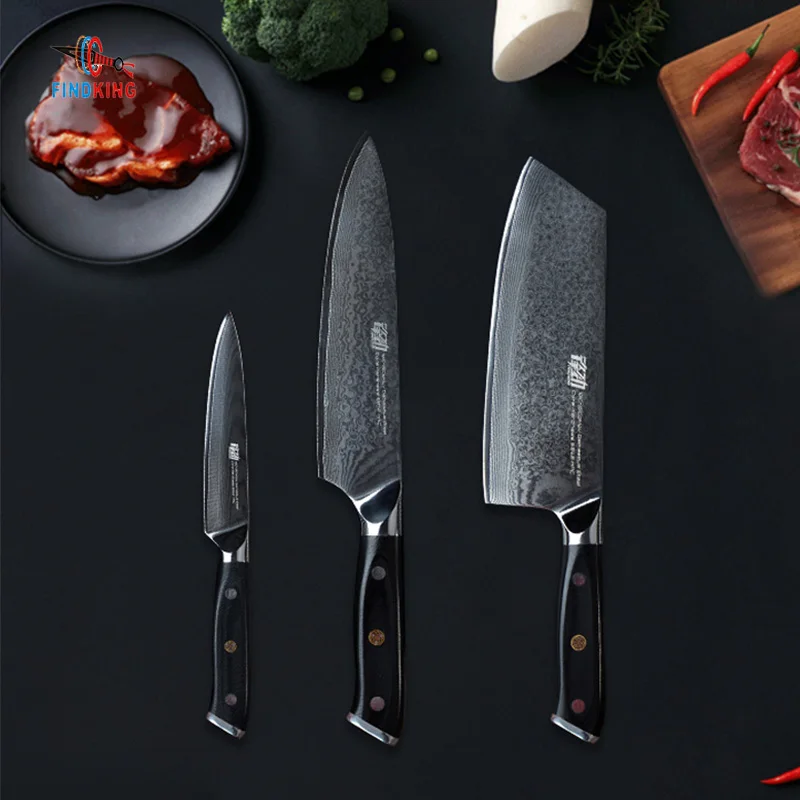 FINDKING G10 набор дамасских ножей с ручкой 7 дюймов нож для мясника 8 дюймов нож для шеф-повара 5 дюймов нож для фруктов 67 слоев дамасской стали