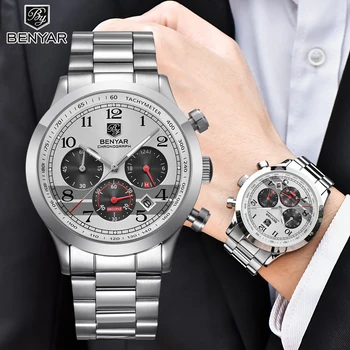 

BENYAR Casual Fashion Men's Watches Stainless Steel Waterproof Chronograph Watches Quartz Military Male Sport Clock Reloj Hombre