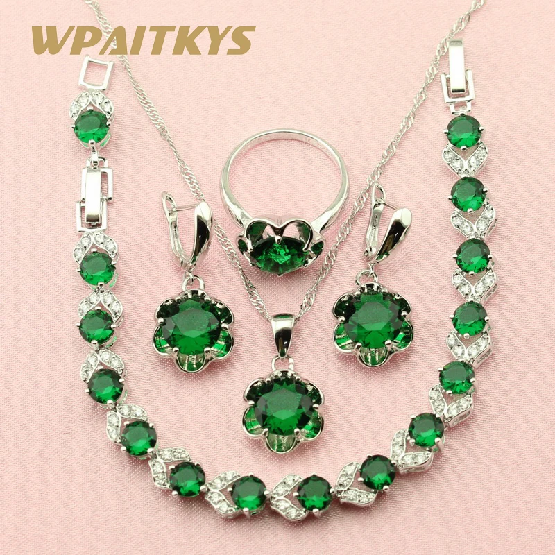 

Flower Green Cubic Zirconia 925 Silver Jewelry Sets For Women Party Earrings Chain Bracelet Necklace Pendant Ring Free Box