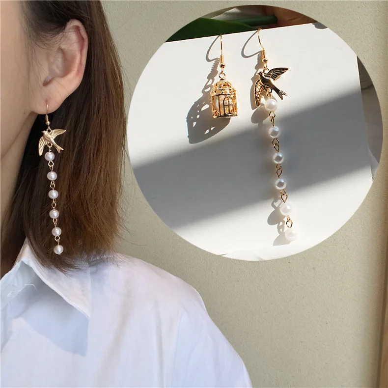 

2018 Vintage Asymmetric Bird Cage Simulated Pearl Tassel Animal Drop Dangle Earrings for Women Wedding Brides Handmade Jewelry