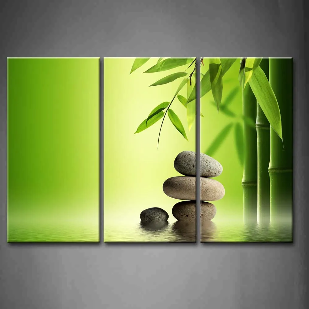 

3 Pics Framed Wall Art Pictures Green Spa Bamboo Zen Stone Canvas Print Botanical Posters With Wooden Frames For Decor