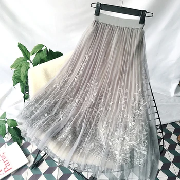 

Bigsweety Hot Sale Mesh Skirt Women Elegant Tulle Long Pleated Skirt Floral Embroidery A-line Tutu Lace Women Midi Skirt Summer