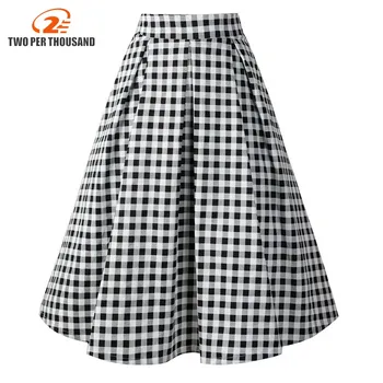 

Retro Print Plaid Summer Skirts Womens 2018 High Waist Vintage Skirt Elegant A-Line Midi Women Skirt S-XXL