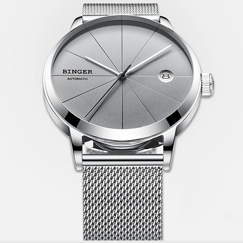 BINGER Brand Ultra thin Automatic Mechanical Men Watch Auto Date Fashione Luxury Watches Silver grey Clock