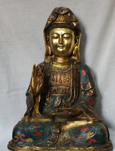 

005782 17" Chinese Feng Shui Bronze Gilt Cloisonne Kwan-yin Guan Yin Goddess Statue