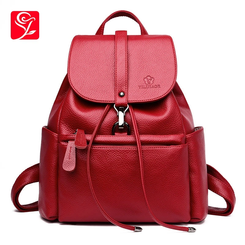 

New Antitheft Backpacks Female Drawstring Soft Leather Backpacks For School Shoulder Bags Ladies Large Capacity Travel Pack
