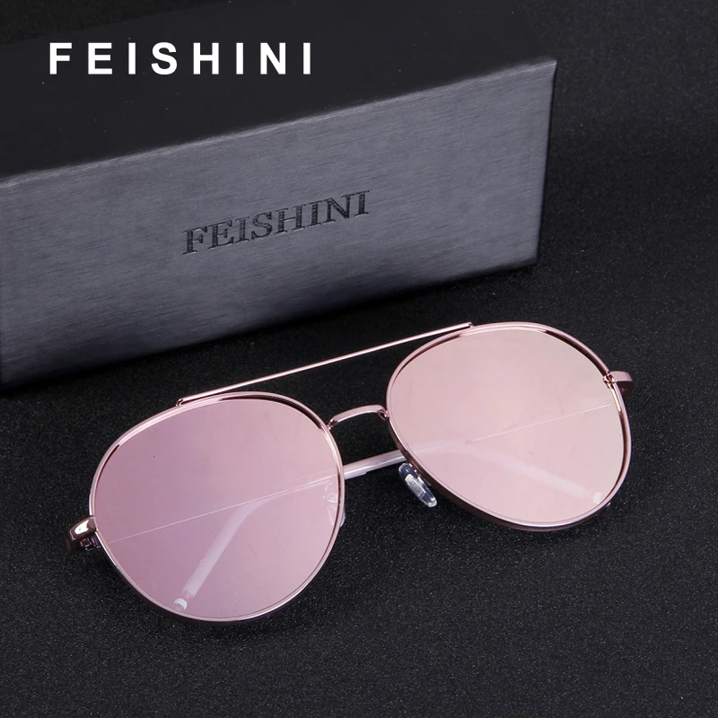 

FEISHINI Brand Designer Shop Counters Superstar Metal Round Sunglasses Women High Quality Eyewear Goggle oculos Mirror Pink