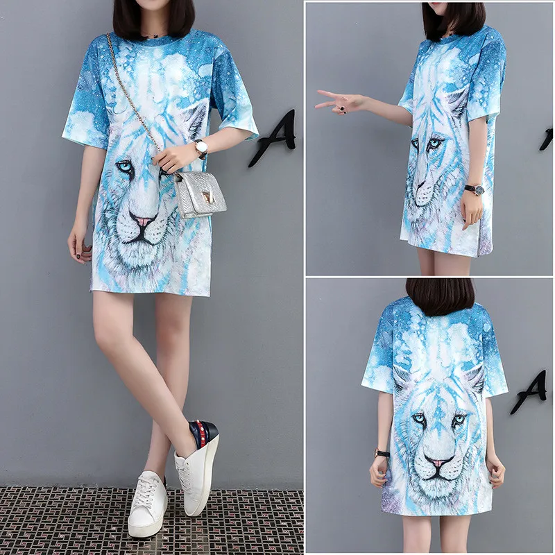 Fashion Summer Oversized Loose Dress Women Plus Size O Neck Half Sleeves Printed Casual T Shirt Dress Streetwear Mini Dress