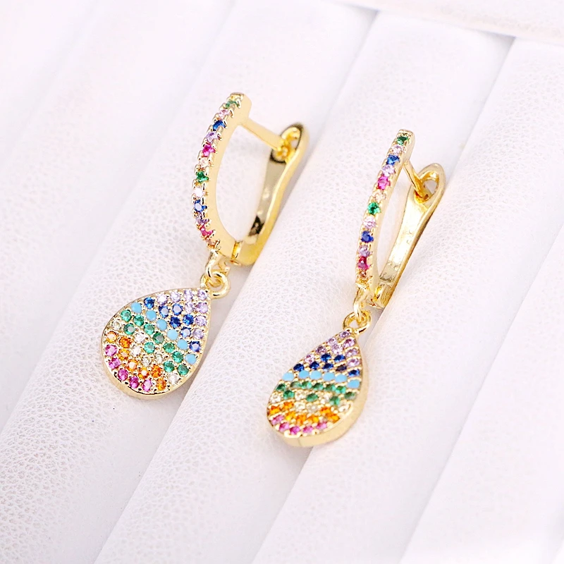 

3Pairs, Gold Filled CZ Micro Pave Women Dangle Rainbow For Party Drop Earrings