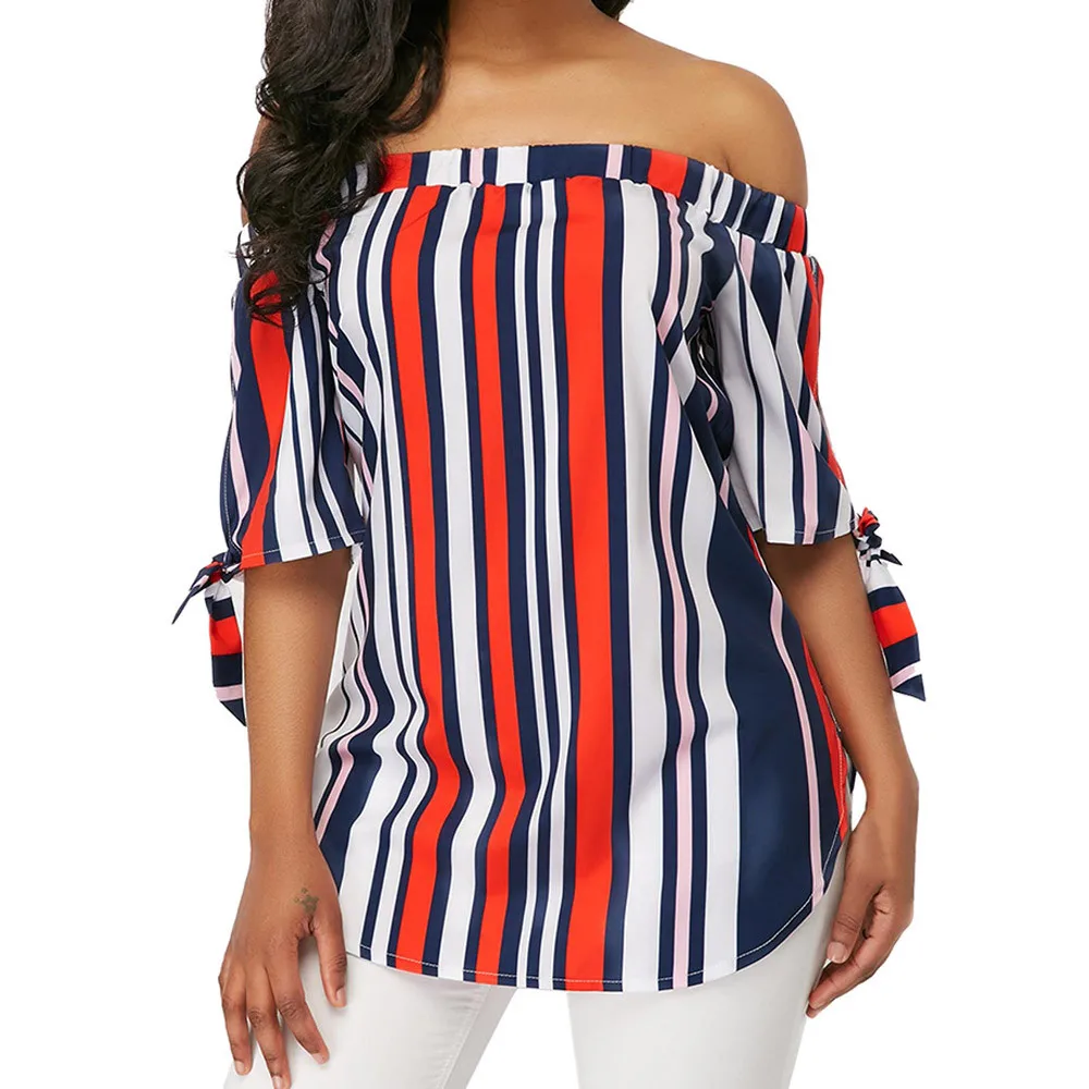 

ISHOWTIENDA Fashion Shirts Women Blouses Women ' s Tops Casual Half Sleeve Off Shoulder Bandage Stripe Printed Tops Haut Femme