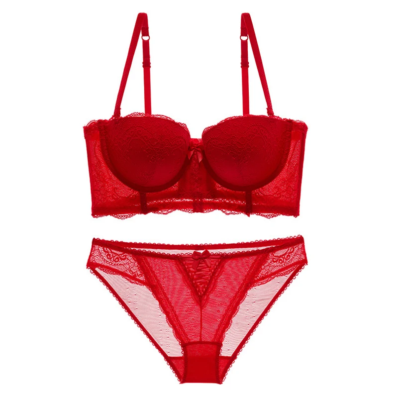  Women Sexy Half Cup Bra Set Lace Wedding Underwear Red Strapless Bra Lingerie Deep V Push Up Bra Co