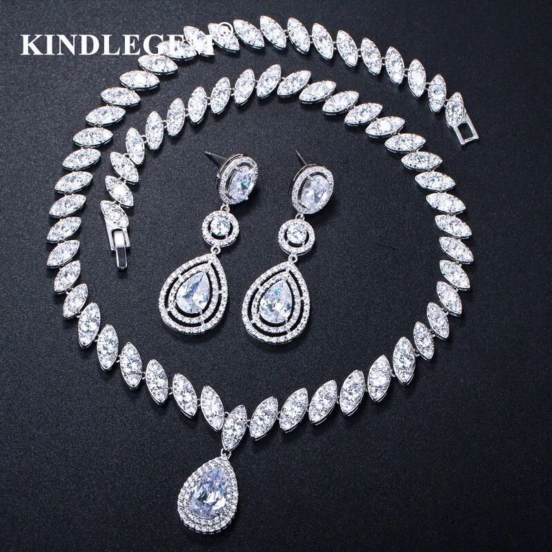 

Kindlegem 2019 Luxury Zircon Parure Bijoux Femme Dubai Silver Earrings Necklace Sets Fashion Indian African Jewelry For Women