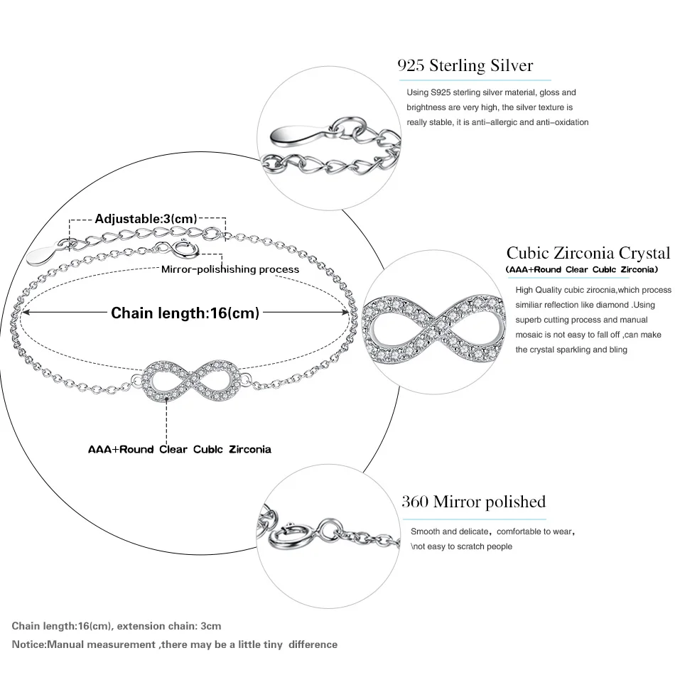 BELAWANG женский браслет кристально чистый CZ браслет с подвеской "бесконечность" браслеты из стерлингового серебра 925 пробы для женщин Свадебные ювелирные изделия подарок