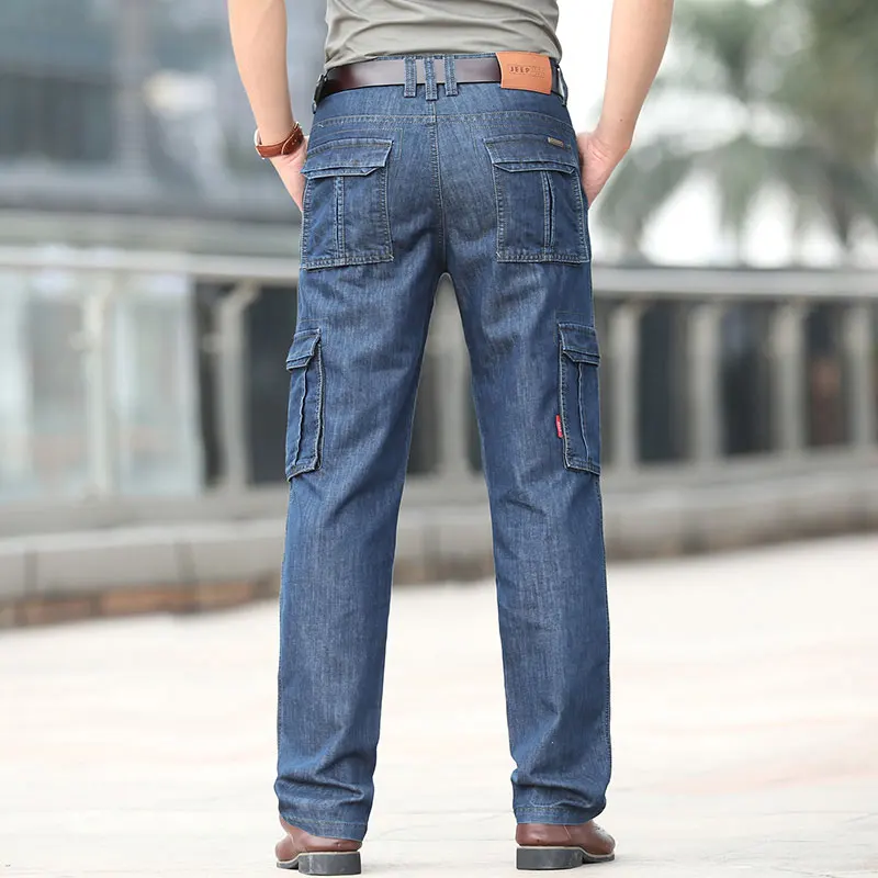Summer JEEP Brand Cotton Cargo Jeans Elastic Men's Casual Full Length Retro Jeans Multi Pockets Cotton Pants Fashion Trousers 44 (25)