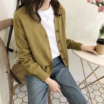 

2019 Spring New Loose Korean Simple Temperament Thin Jacket Knit Cardigan Women Sweater Coat Single-breasted Shirt Tops f829