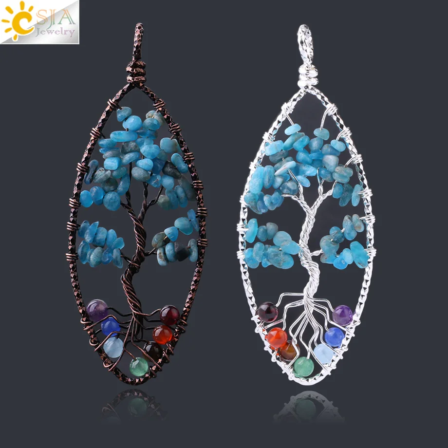 

CSJA Healing 7 Chakras Tree of Life Pendants Natural kyanite Gem Stone Chip Beads Handmade Antique Silver Wire Wrap Jewelry F825