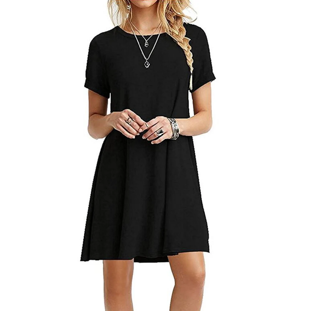 Women One-pieces Dress Solid Color Short Sleeves Oversize Casual Dress for Summer FDC99 - Color: Black