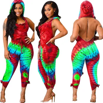 

2019 Women Rompers Sleeveless Backless Flare Sexy Jumpsuit Skinny Summer Tie Dye Print Hooded Bodycon Jumpsuit Overalls