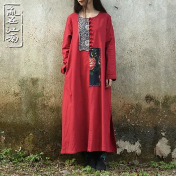 

2019 Spring Autumn folk style patchwork dress frog loose cotton linen long robe 2 colors