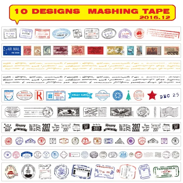 

10Designs 15/20/30mm*8M Postmark/ Stamp/Letter/ Seal/ New year Pattern Japanese Washi Decorative Adhesive DIY Masking Paper Tape