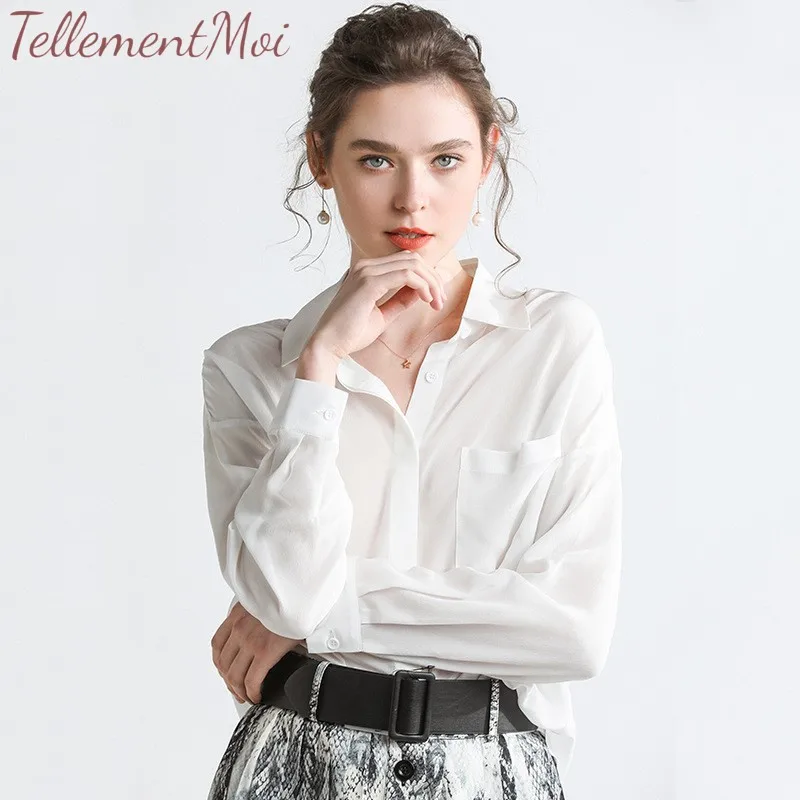 

Womens 100% Silk Blouse Long Sleeve Lady Shirts 14 Momme Pure Charmeuse Silk Solid Button Up Tops Blouses Chemisier Blusas Mujer