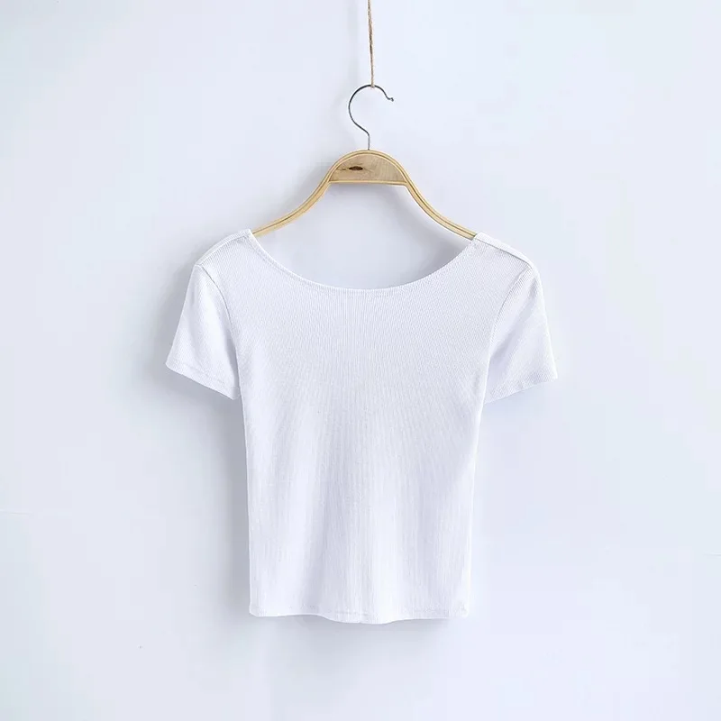 ANSFX, сексуальная открытая спина, тонкий облегающий пуловер с круглым вырезом, короткая футболка, женская футболка с коротким рукавом, тянущаяся нить, топы, 4 цвета