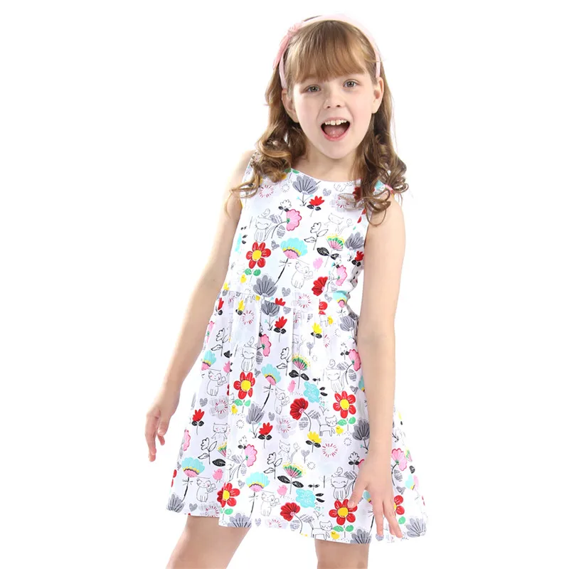 

Little bitty baby girls sleeveless summer dresses kids cute cartoon dress with printed some flowers and cats top quality dress