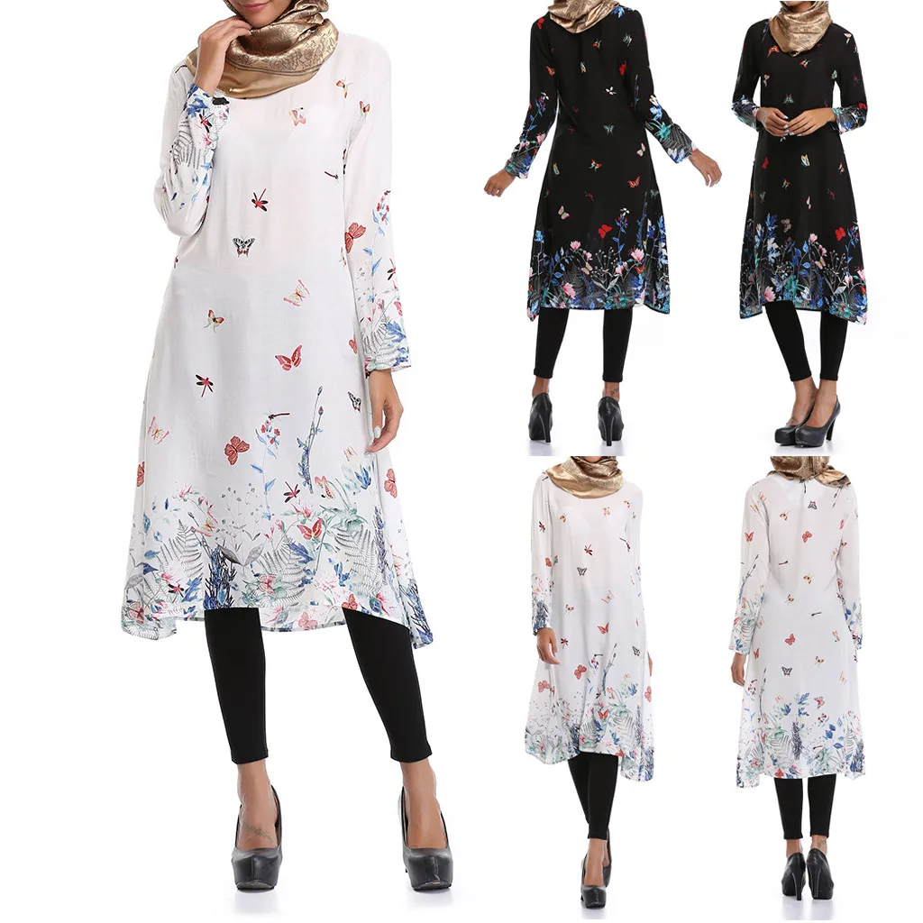 

muslim dresses and abaya for women Casual Summer Long Dress Robe ethnic style printed long Trumpet Abaya Gowns Tunic Belt L0412
