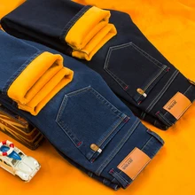 Новые мужские брендовые джинсы зимние мужские теплые джинсы деловые повседневные Прямые Стрейчевые плотные узкие джинсовые брюки черные синие Большие размеры 28-40