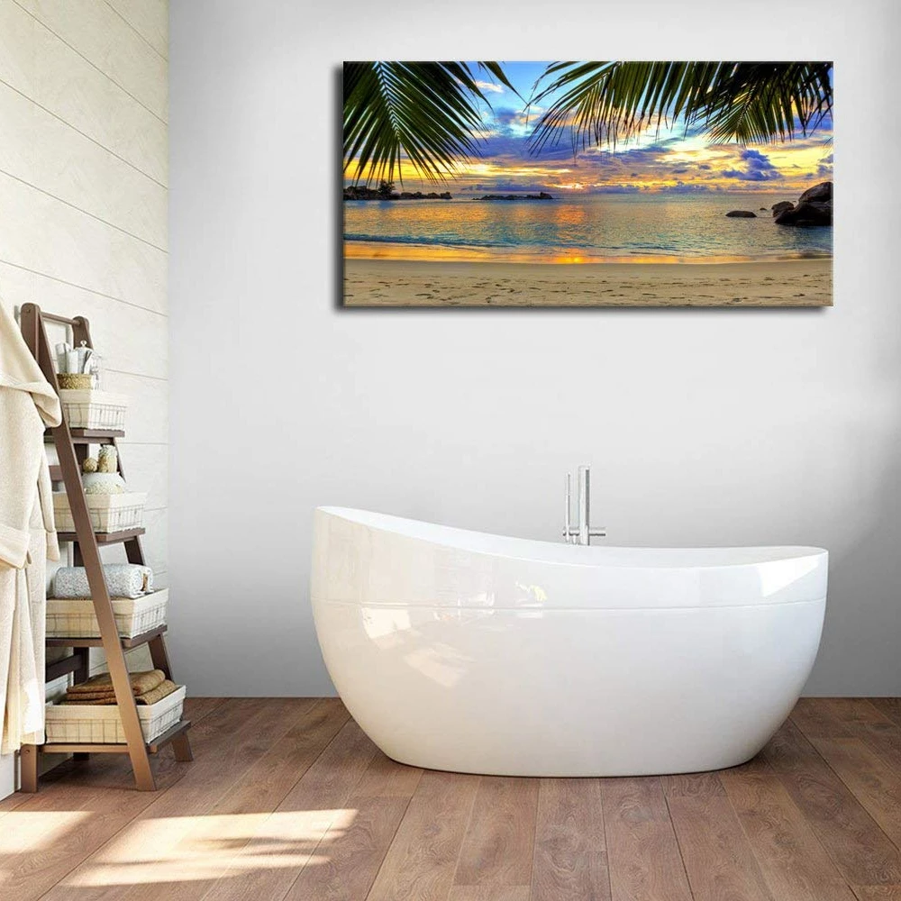 Tropic Beach Sunset with Palm Tree Leaves Landscape Picture Living Room Wall Decor Coast Sunset Painting Canvas Prints Wholesale