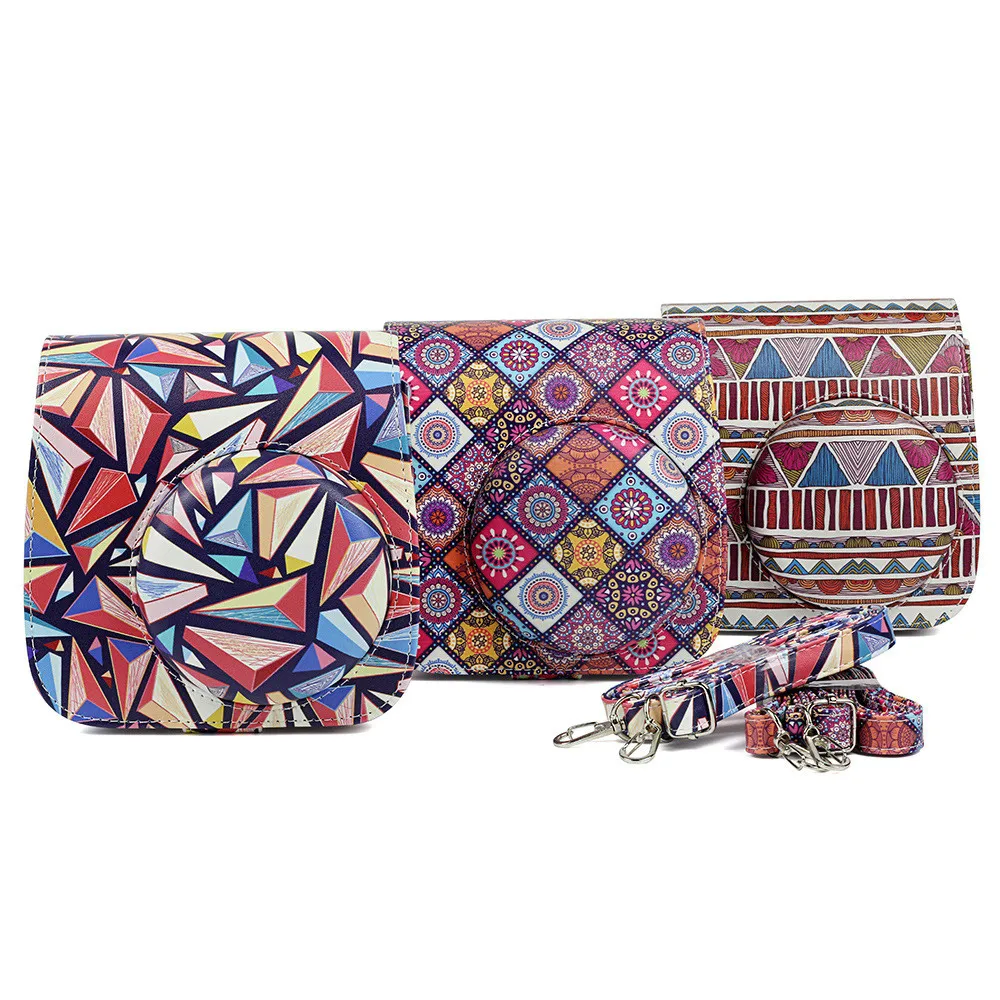

Ethnic Style PU Leather Camera Bag For Fuji Fujifilm Instax Mini 9 8 8+ Case Color Plaid Pattern Case Cover for Instant Film Bag